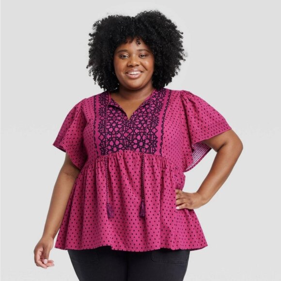 New Knox Rose Women's Flutter Short Sleeve Top Polka Dots Dark Pink Size XXL - Picture 1 of 9